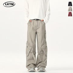 LKTMメンズ # アメリカンレトロリボン多ポケット工装ズボン男女ゆったりとしたストレートブランドのカジュアルパンツ