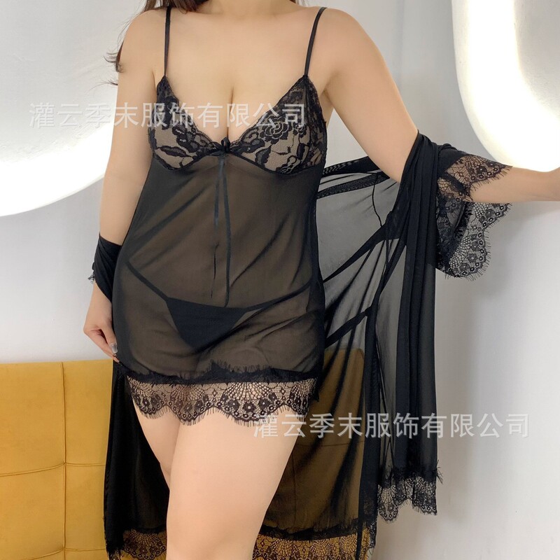 Late season sexy lace suspender skirt mesh see-through pajamas women's sexy transparent nightdress robe flirting homewear suit