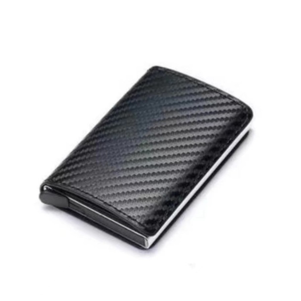 Titular de la tarjeta de fibra de carbono AliExpress antirrobo cepillo RFID Tarjeta de bala automática de aleación de aluminio PU titular de la tarjeta de la cartera