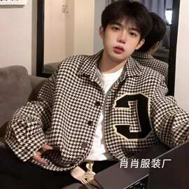 2026年复古千鸟格春秋外套男薄款拼接连帽夹克时尚外衣