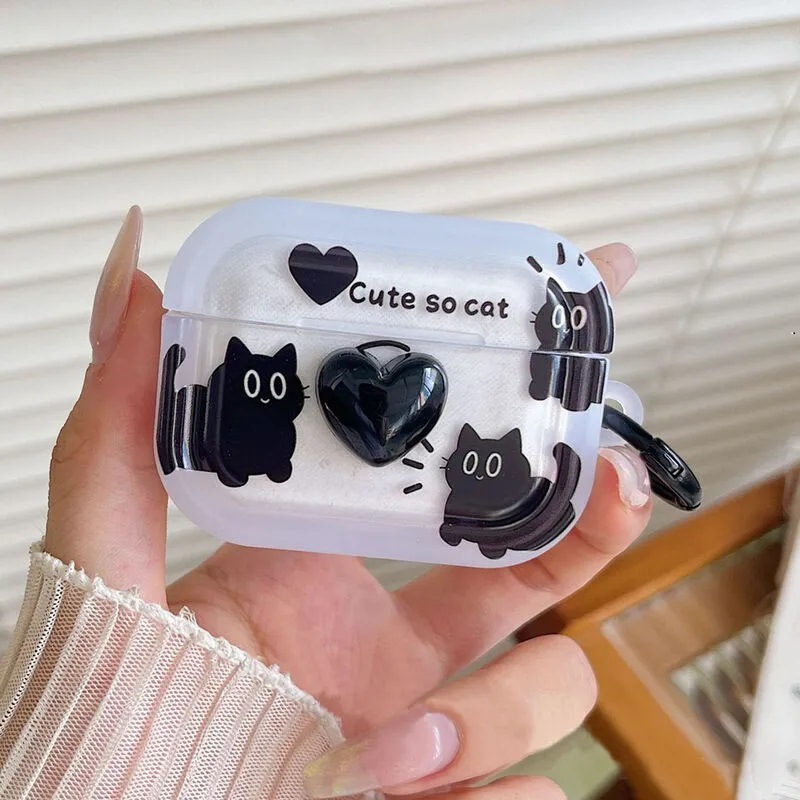 Funda Protectora para Auriculares con Diseño de Gato Negro de Dibujos Animados, Compatible con Apple Airpods 4, Bluetooth, Pro3