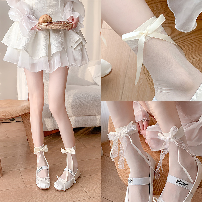 Boots still cotton spring and summer fairy socks Lolita mid-barrel milk white bow ballet wind ultra-thin transparent pile socks Boots still cotton spring and summer fairy socks Lolita mid-barrel milk white bow ballet wind ultra-thin transparent pile socks