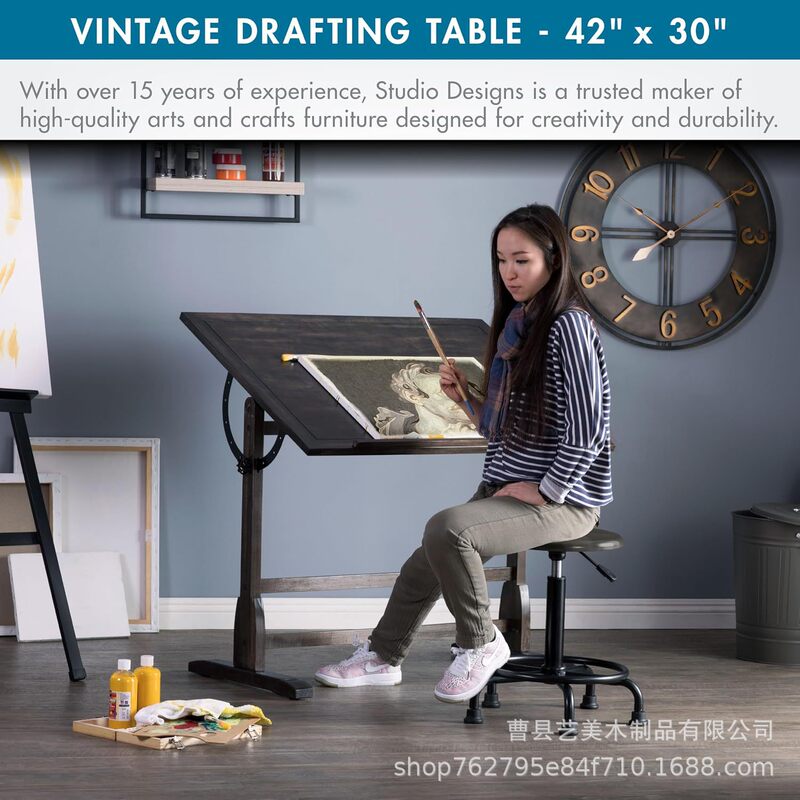 Vintage drafting table/drawing table with pencil holder, distressed black, adjustable tabletop tilt