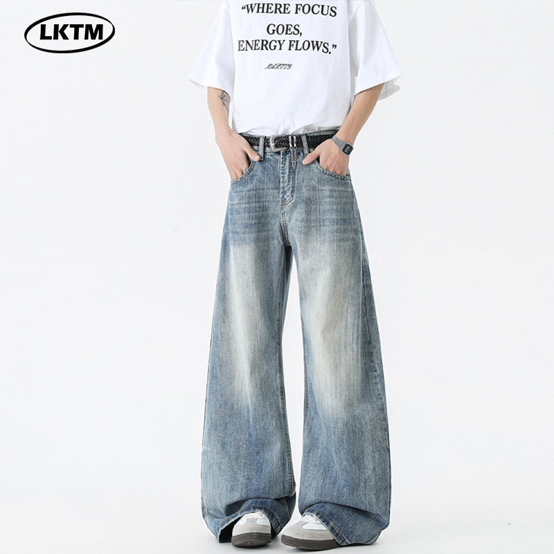 LKTM Men's# Summer American Style Retro Bamboo Pattern Machete Jeans Men's and Women's Fashion Brand All-match Wide-leg Long Pants