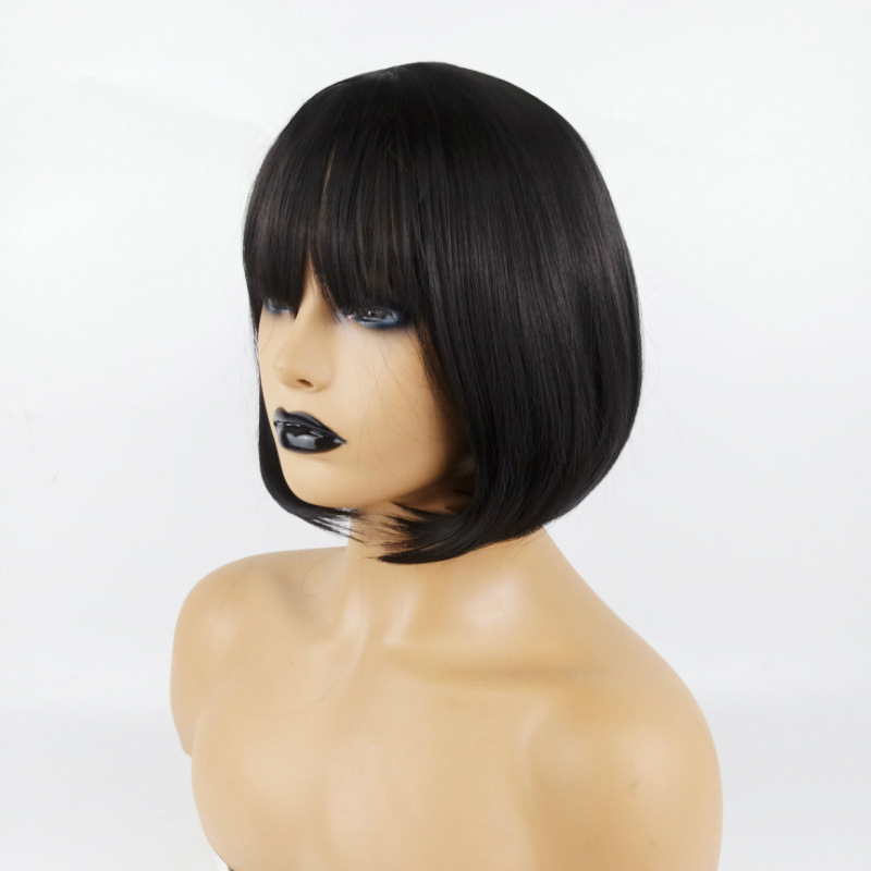 Women's Short Straight Synthetic Fiber Wig With Bangs European American Style Bobo Hair Wigs Average Size High Temperature Lace_voghion.com