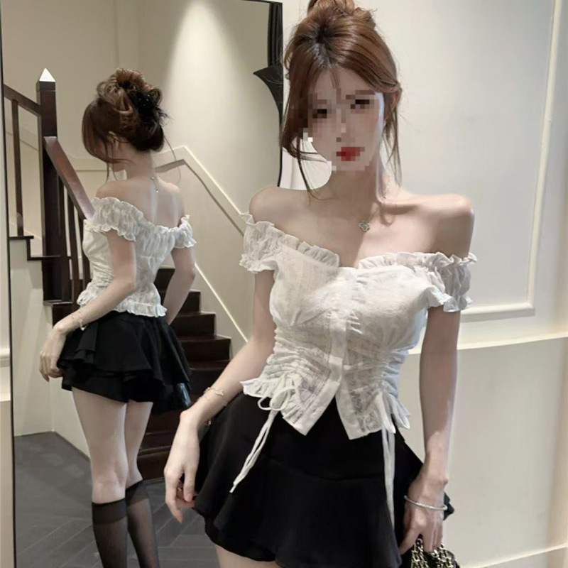 Pure Desire Style White Lace-Trimmed Chic Sleeveless Top for Women, Summer Off-Shoulder Two-Way Wear, Waist-Cinching Drawstring Blouse