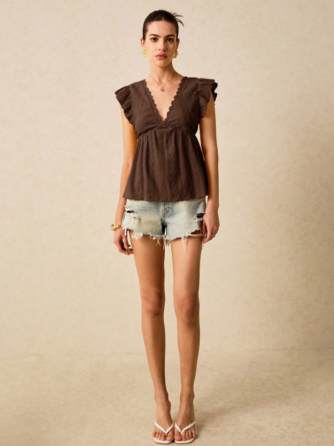 2026 European And American Cross Border Women's Spring And Summer New Fashionable Hollow V-neck Lotus Leaf Short Sleeved Lace T-shirt Top_ecoleips.com