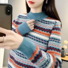 半高领加厚女士毛衣秋冬2024年新款复古民族风针织衫百搭宽松上衣