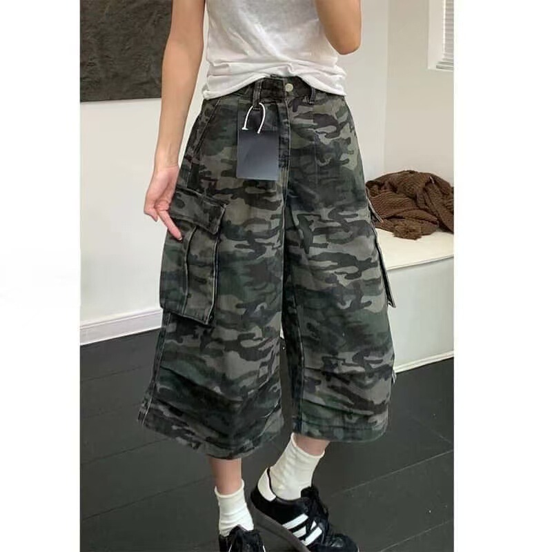 Plus Size American Workwear Jeans for Women, Summer Loose Straight Wide-Leg Cropped Pants, Plus-Size Multi-Pocket Camouflage Pants