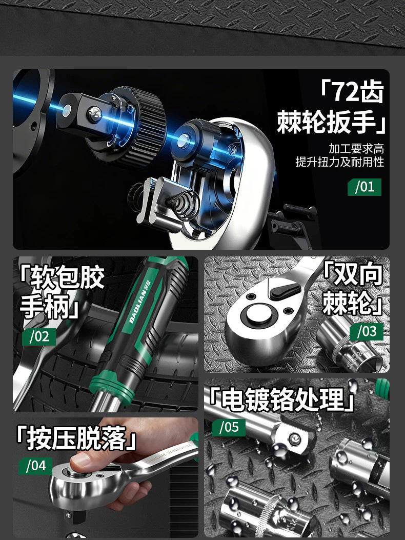 Ratchet Socket Wrench Set, Multi-Functional External Hexagonal Quick Wrench, Quick Torque, Complete Set of Manual Auto Repair Tools