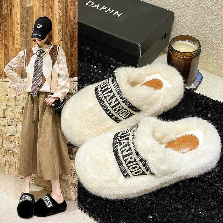 Новые женские теплые меховые тапочки в корейском стиле на осень-зиму 2025 года, с буквенным принтом, для улицы, на толстой подошве 6 см, с закрытым носком, хлопковые