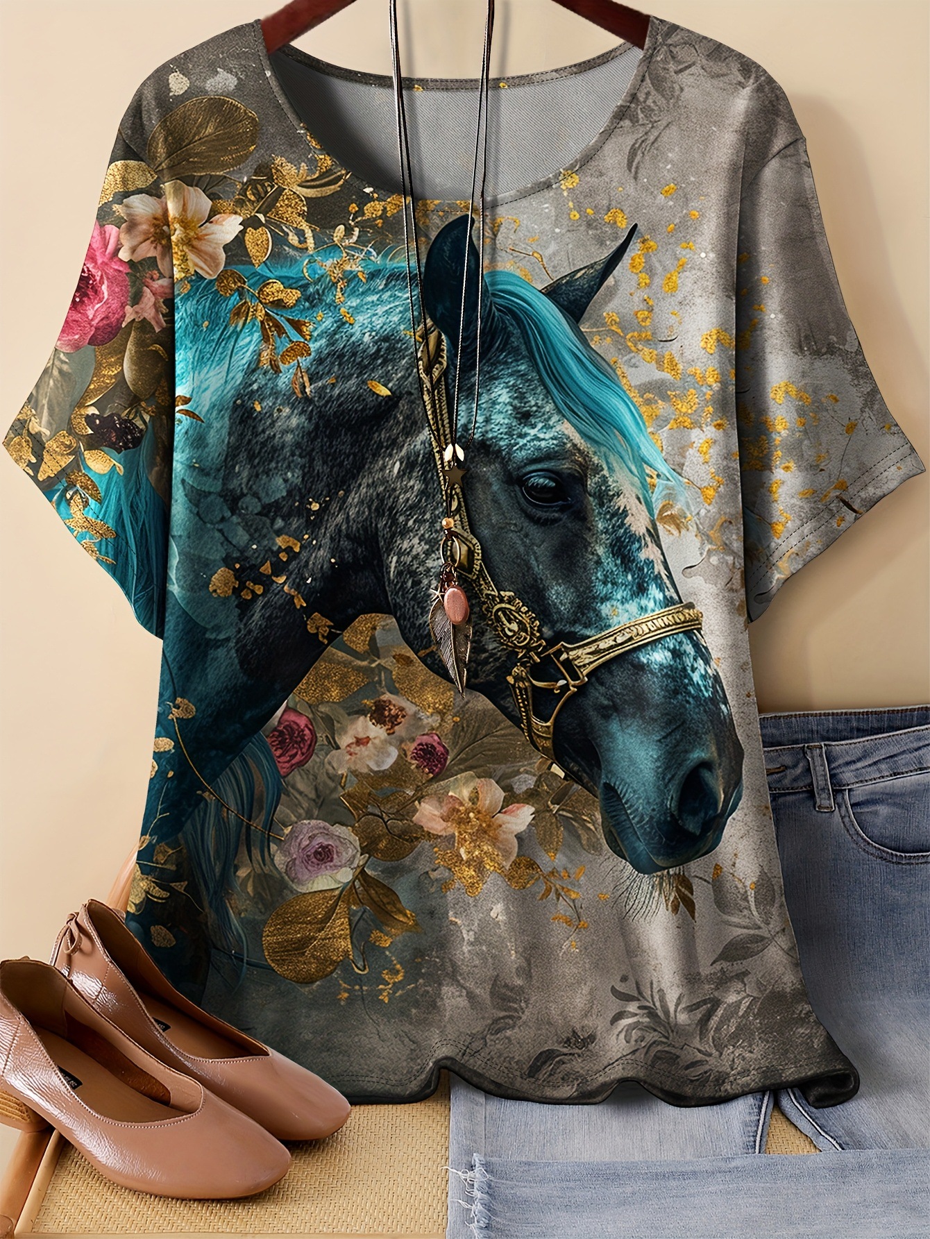 Floral & Crow Print Oversized T-Shirt – Soft Milk Silk Blend Short Sleeve Tee Unisex Oversized Cut_ecoleips.com