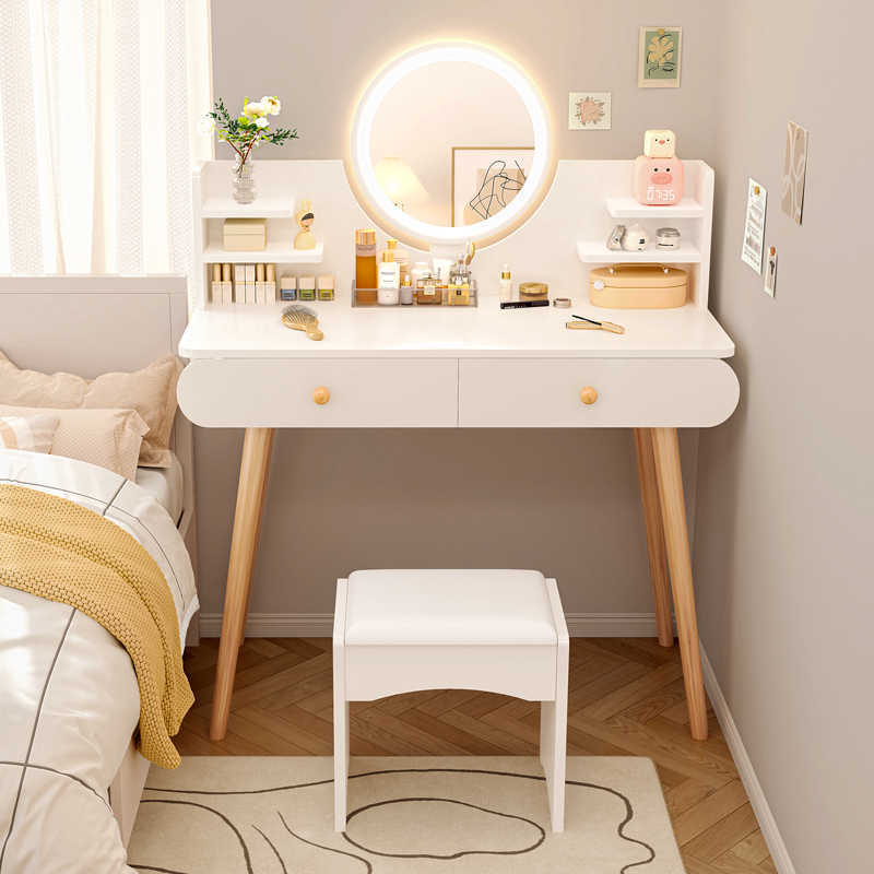 Dormitorio de tocador nórdico moderno simple tocador de madera maciza pequeño apartamento ins Internet celebridad simple luz LED tocador