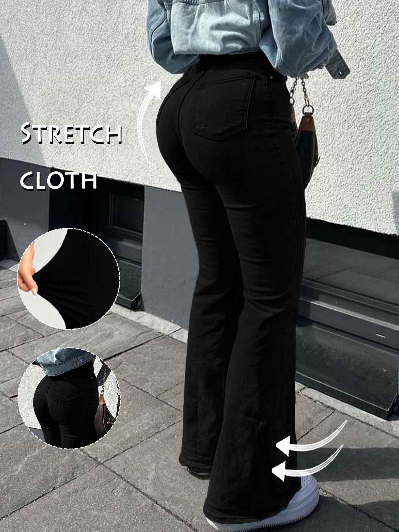 Women's Clothing Black High Waisted Flared Jeans, Sexy And Slim Fitting Floor Length Trousers, Unique Design, Hip Lifting Flared Pants._mkmklike.com
