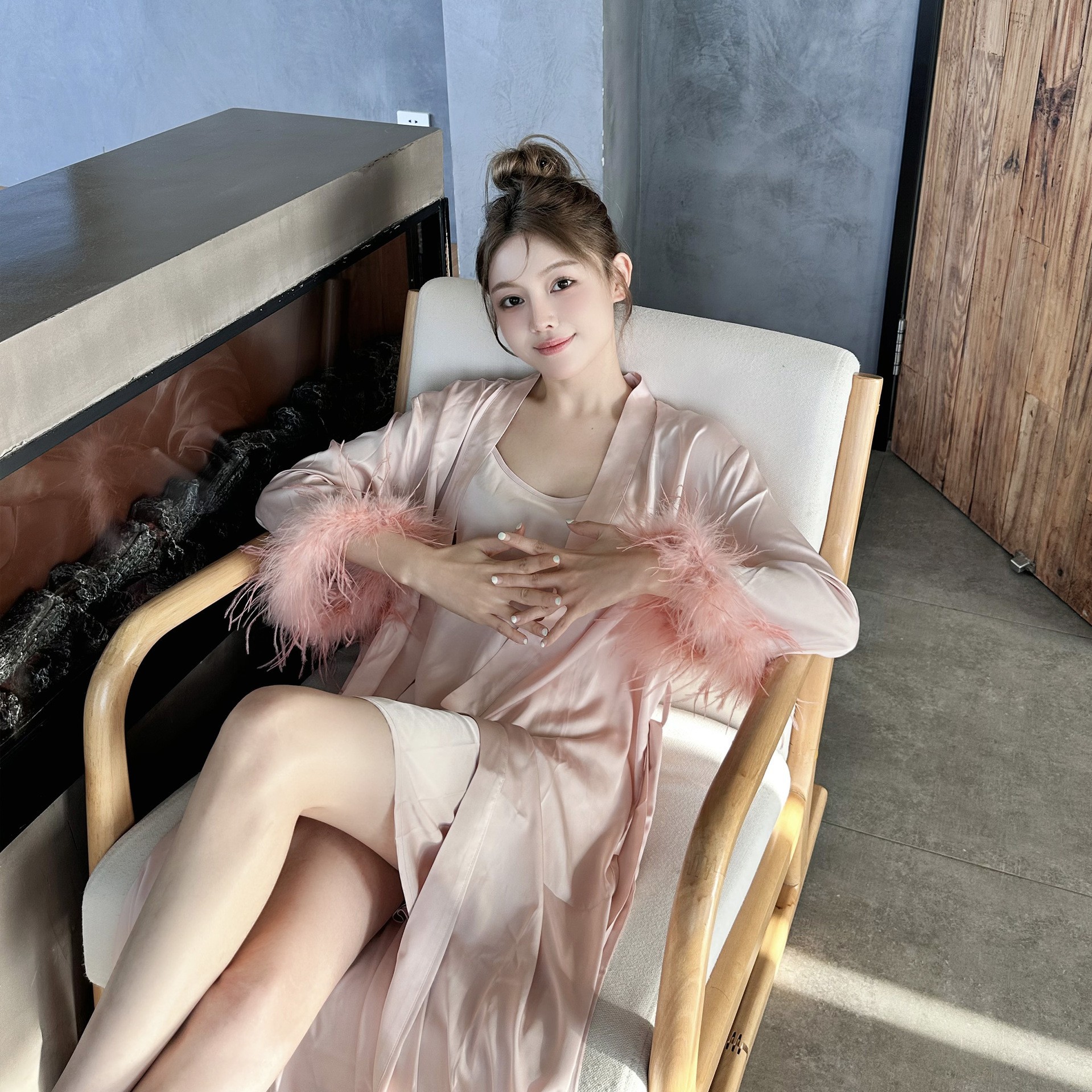 2023 New feather sleeve satin pajamas women's long sleeve sling nightgown home wear wholesale one-piece delivery