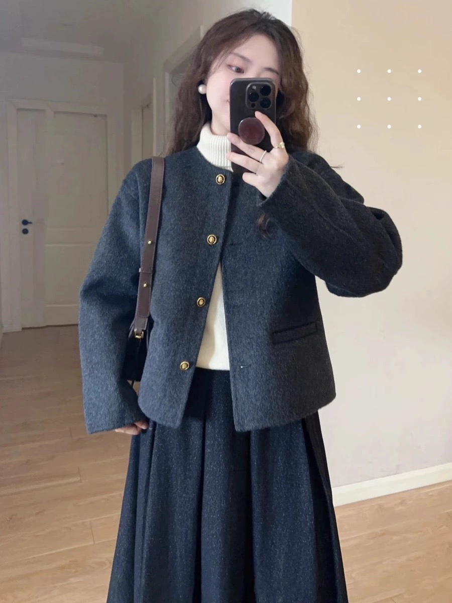 Двустороннее короткое шерстяное пальто, шерстяной демисезон черная кашемировая куртка, стиль Chanel, французский стиль
