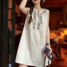 法式刺绣亚麻无袖连衣裙女2025新款夏季小个子宽松显瘦气质背心裙