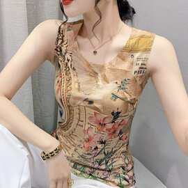 欧美油画风鸽子印花圆领坎肩外穿大码美式复古碎花晕染欧货小背心