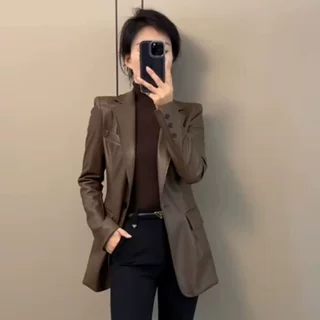 超飒中长款皮衣外套女2026秋冬新款高级感气质修身显瘦PU皮西服潮