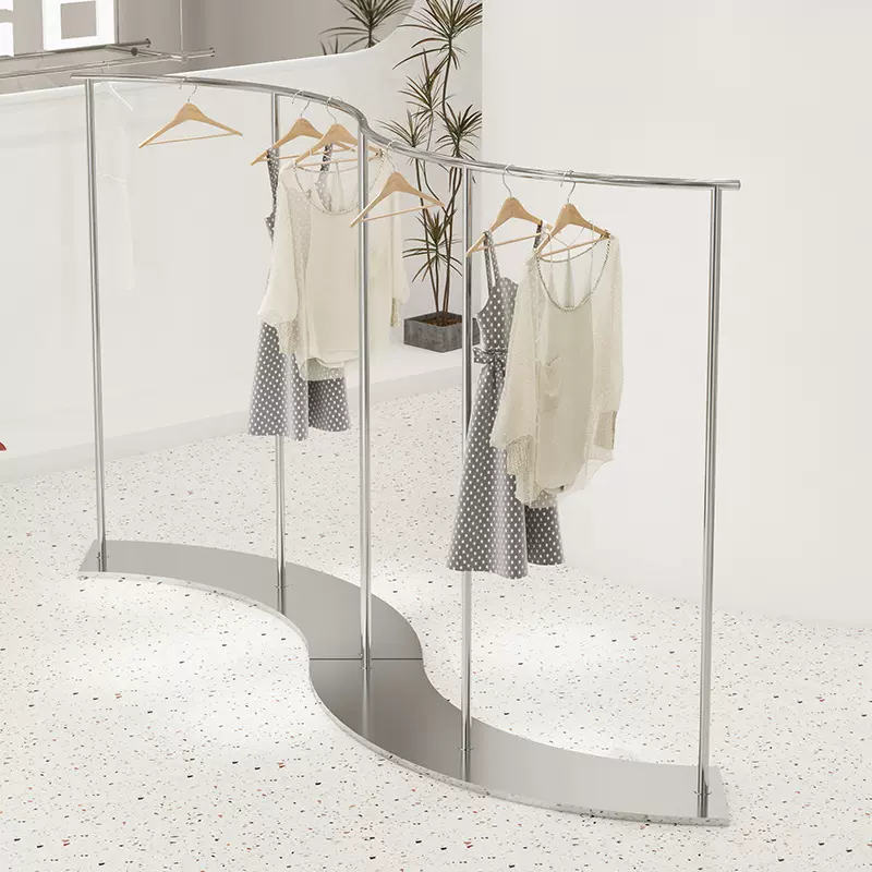 不锈钢银色服装店展示架挂衣服架韩风女装店拉丝中岛S形货架
