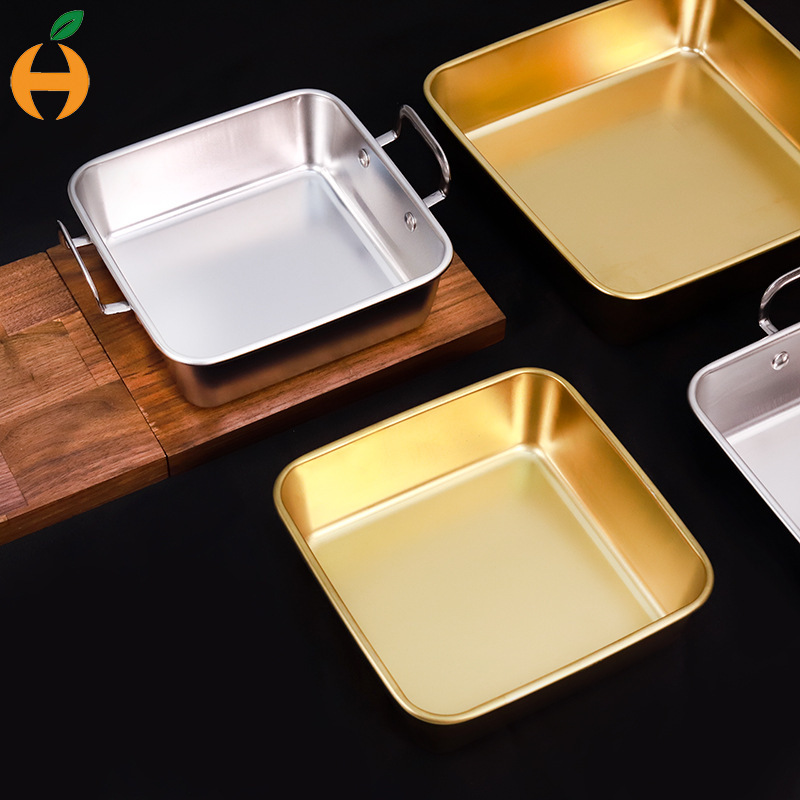 Korean Stainless Steel Japanese Square Plate Golden Flats Bottom Tray Oven Shallow Plate Barbecue Snack Plate Restaurant Towel Plate