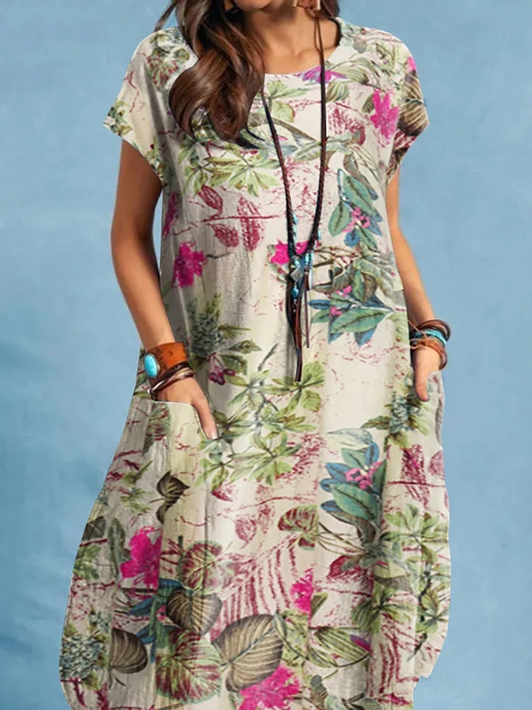 Round Neck Neckline Loose Version Wholesale Women'S Vintage Style Plant Holiday Round Neck Short Sleeve Irregular Skirt