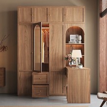 现代简约北欧卧室对开门衣柜书桌一体组合小户型家用中古风大衣橱
