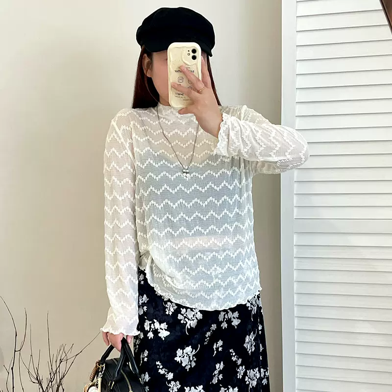 大码女装薄款圆领蕾丝衫2025秋款胖mm外搭长袖上衣女雪纺衫NS1338