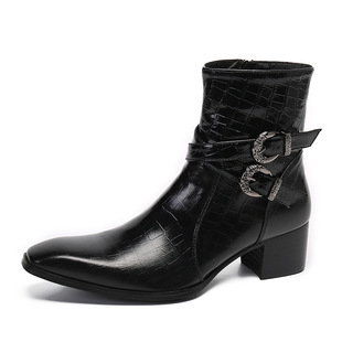 High-top cowhide boots British style vintage Chelsea boots men's square toe handmade brogue carved zipper black leather shoes