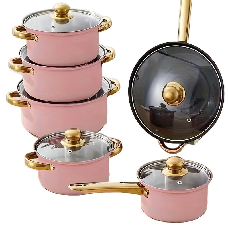 12 piezas de acero inoxidable paneles de comercio exterior transfronterizo colorido antiadherente mango de oro exportación cocina set pot