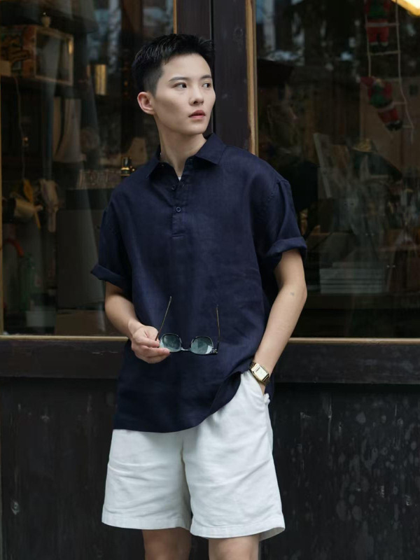 藏青色亚麻短袖衬衫男款夏薄款透气速干polo衫美式老钱风棉麻t恤|undefined