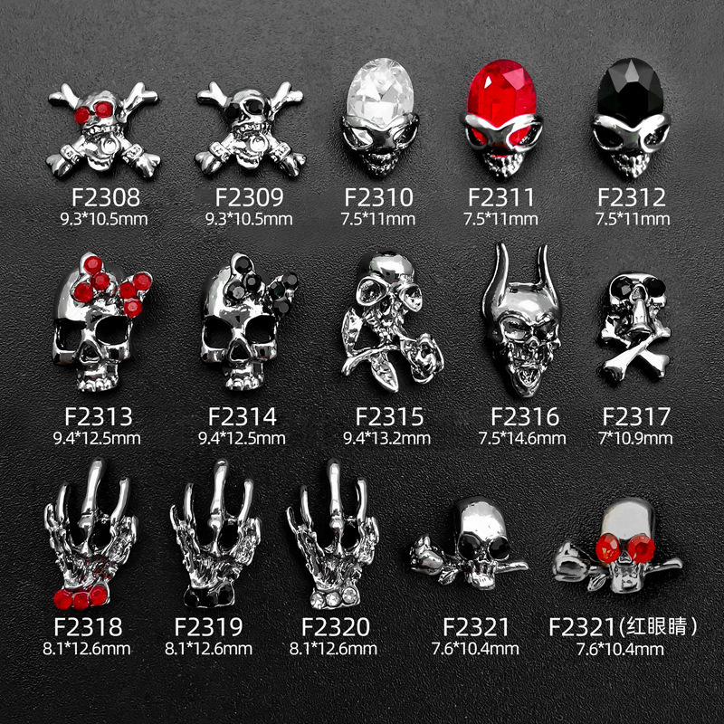 Retro Dark Gun Black Nail Art Jewelry Crow Heart Cross Halloween Skull Heart Angel Nail Diamond