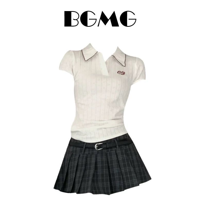 学院风辣妹修身显瘦polo领短袖T恤女夏季新款格纹a字百褶短裙套装|undefined