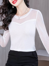 圆领烫钻网纱打底衫女秋装2025新款内搭长袖t恤白色上衣洋气小衫
