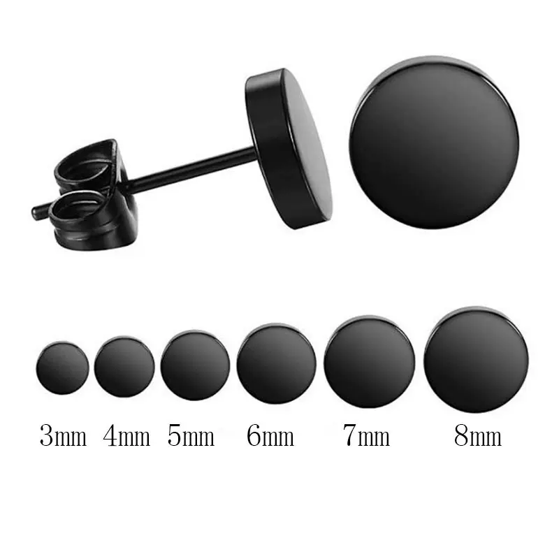 316L时尚不锈钢钛钢圆饼杠铃耳钉正方形五对六件套装简约饰品黑色