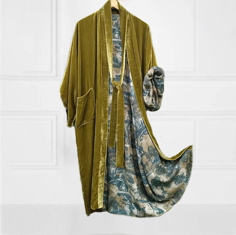 ​​Plus Size Korean Velvet Robe Dress – Floral Print Satin Kimono With Long Belt For Lounge, Sleepwear & Home Wear (S-3XL)​​_ecoleips.com