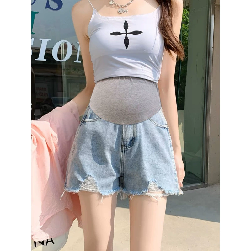 Джинсовые шорты для беременных 2025 весна-лето новые высокие рваные широкие шорты А-силуэта брюки три четверти