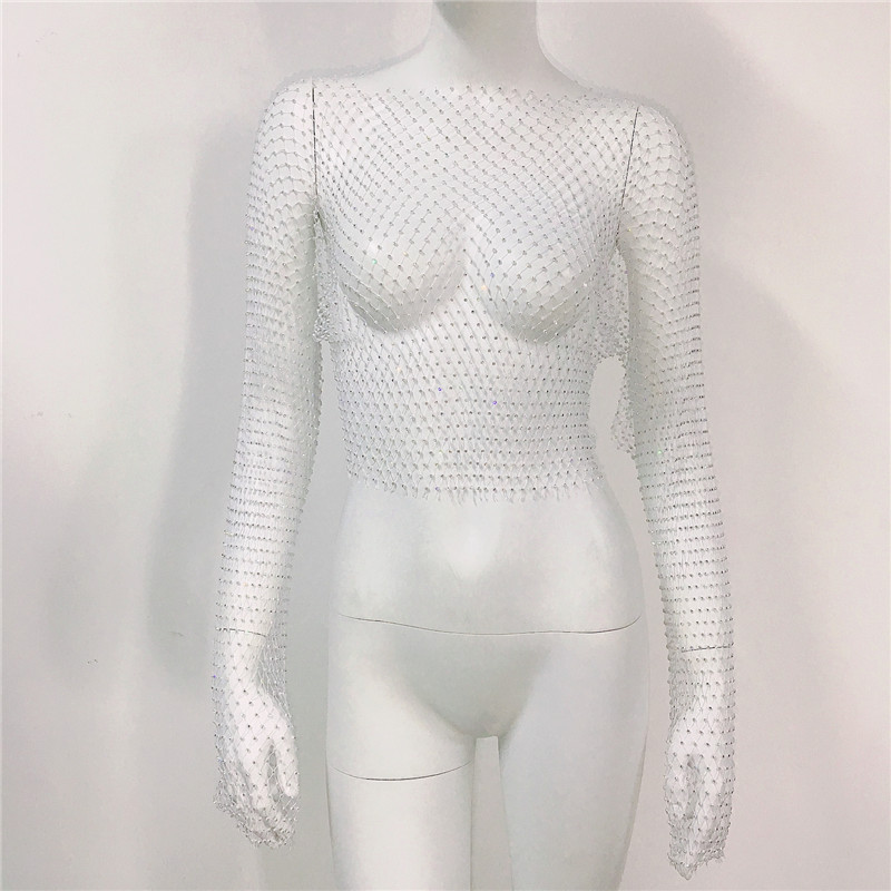 De Europa y América transfronteriza de las mujeres calientes de malla de diamantes de imitación red de pesca de manga larga Sexy Slim rhinestone Top party chica caliente de manga larga