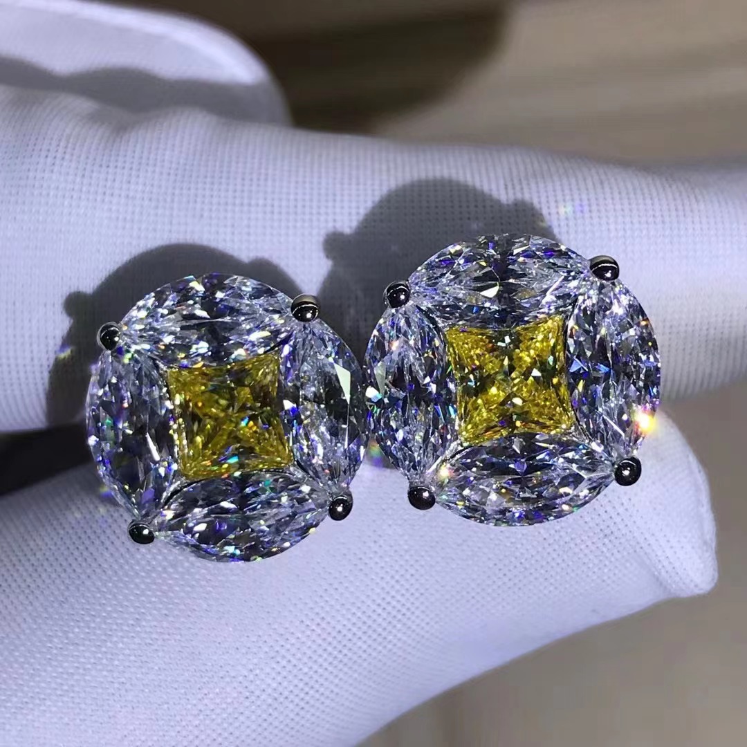 Princesa cuadrado caballo ojo corte Rosa alto carbono diamante Stud pendientes S925 plata gruesa platino con incrustaciones de diamantes importados de alto carbono