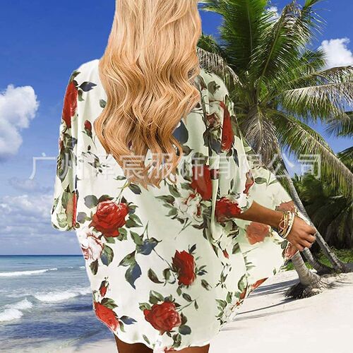 Women's European and American Large Size Chiffon Cardigan Top, Beach Cover-up, Sun Shirt, Printed