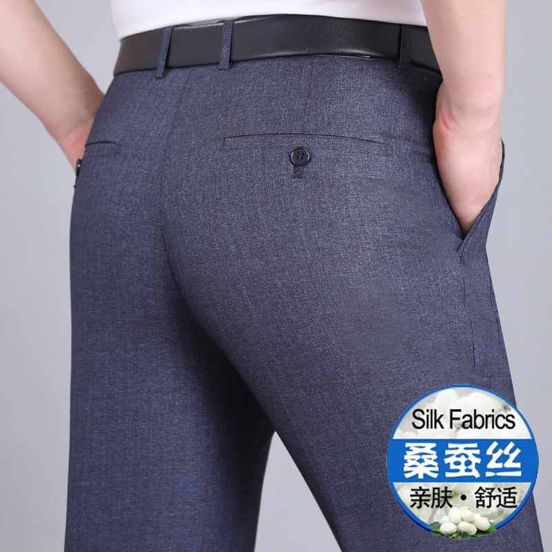 Pantalones finos de seda de morera para hombres de primavera y verano para hombres, pantalones rectos de mediana edad de cintura alta sin planchar para hombres de mediana edad y ancianos image 18