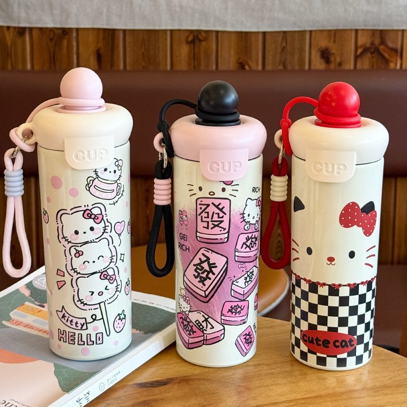 Cartoon Large-Capacity New Kt Cat Thermos Cup with Good Looks for Girls, Cute Straw, Portable Stainless Steel Coffee Cup Cartoon Large-Capacity New Kt Cat Thermos Cup with Good Looks for Girls, Cute Straw, Portable Stainless Steel Coffee Cup