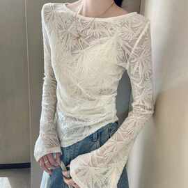 白色喇叭袖修身t恤春秋新中式国风竹叶提花收褶修身圆领长袖上衣