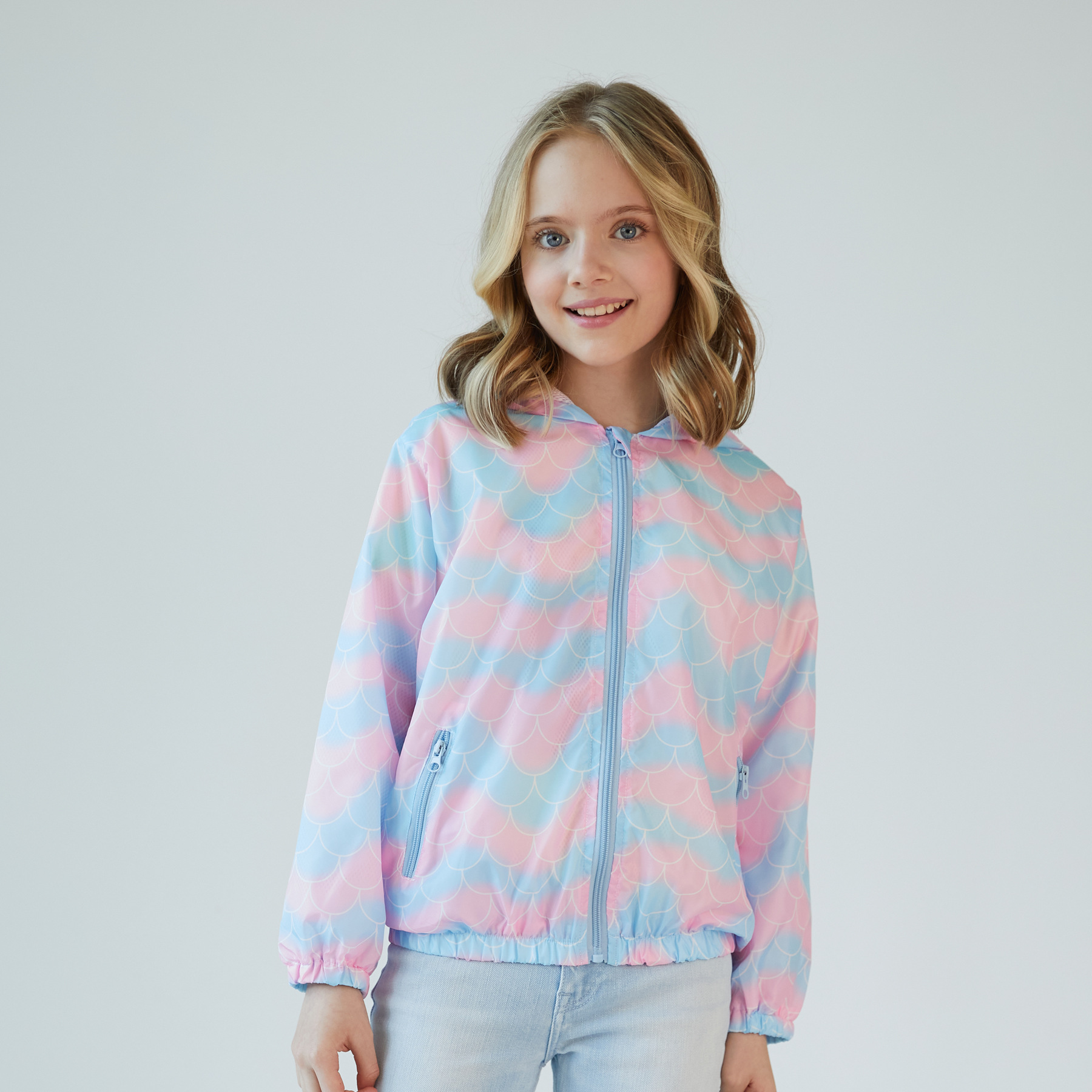 Children's Sun Protection Jacket with Hood, Zipper, Cute Cartoon Print, Casual Pullover with Storage Bag