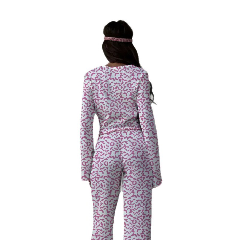 欧美新款亲肤豹纹印花睡衣女士内衣长裤衬衫2件套家居服亚马逊|undefined