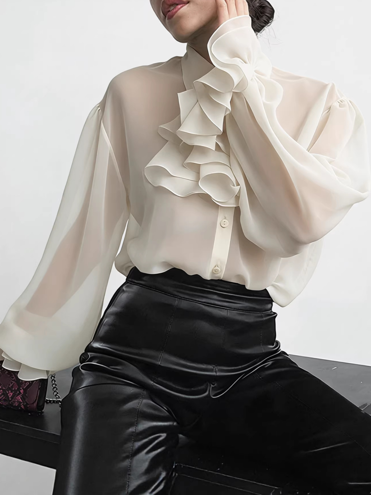 Retro apricot shiffon design elegant long-sleeve