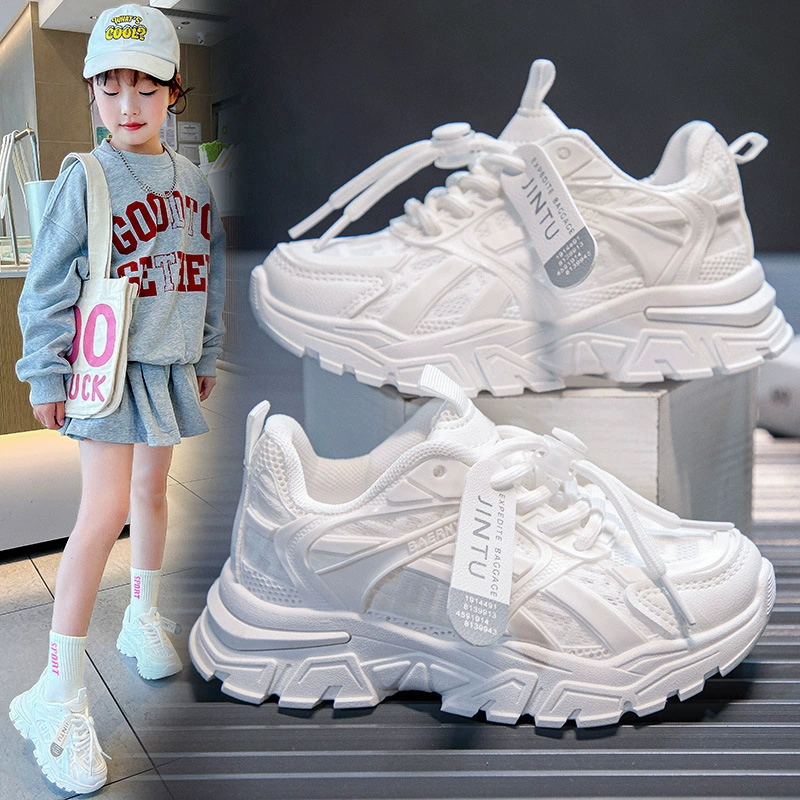 Детские дышащие белые кроссовки, сетчатые туфли, новинка лета 2025, спортивная обувь для девочек, тонкий дизайн, кроссовки для мальчиков.