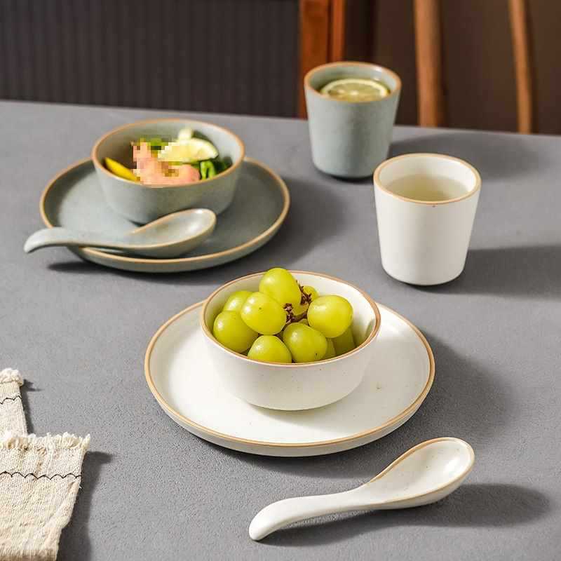*Stoneware Retro Ceramic Tableware Commercial Countertop Four-Piece Set Hotel Hot Pot Restaurant Bowl Plate Spoon Cup for One Person
