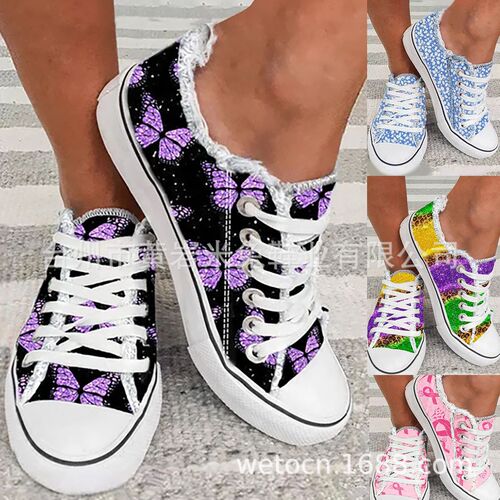 Printed pattern 3D gradient cartoon animal lace-up canvas shoes women's large size casual flat shoes single-layer shoes
