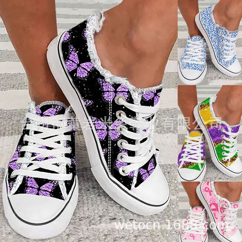 Cross-border foreign trade printing pattern 3D gradient cartoon animal lace-up canvas shoes women's large size casual flat shoes shoes